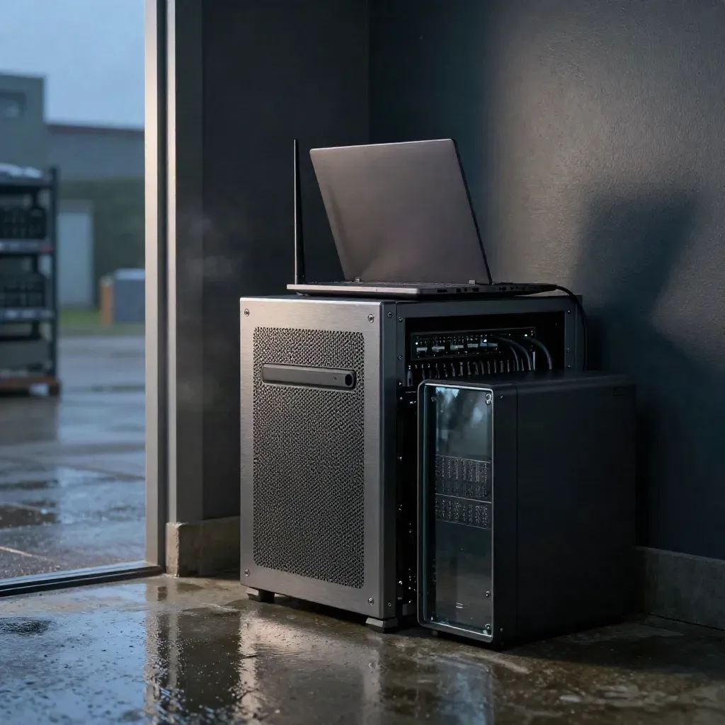 Serverkast, router, laptop en backupunit in een mistige techruimte met natte reflecties.