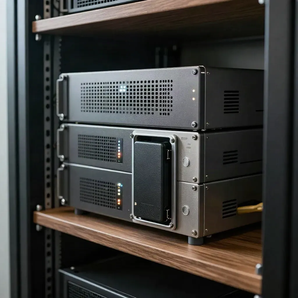 Open rack met twee netwerk-appliances, SSD en voeding terwijl statuslampjes één voor één aangaan.