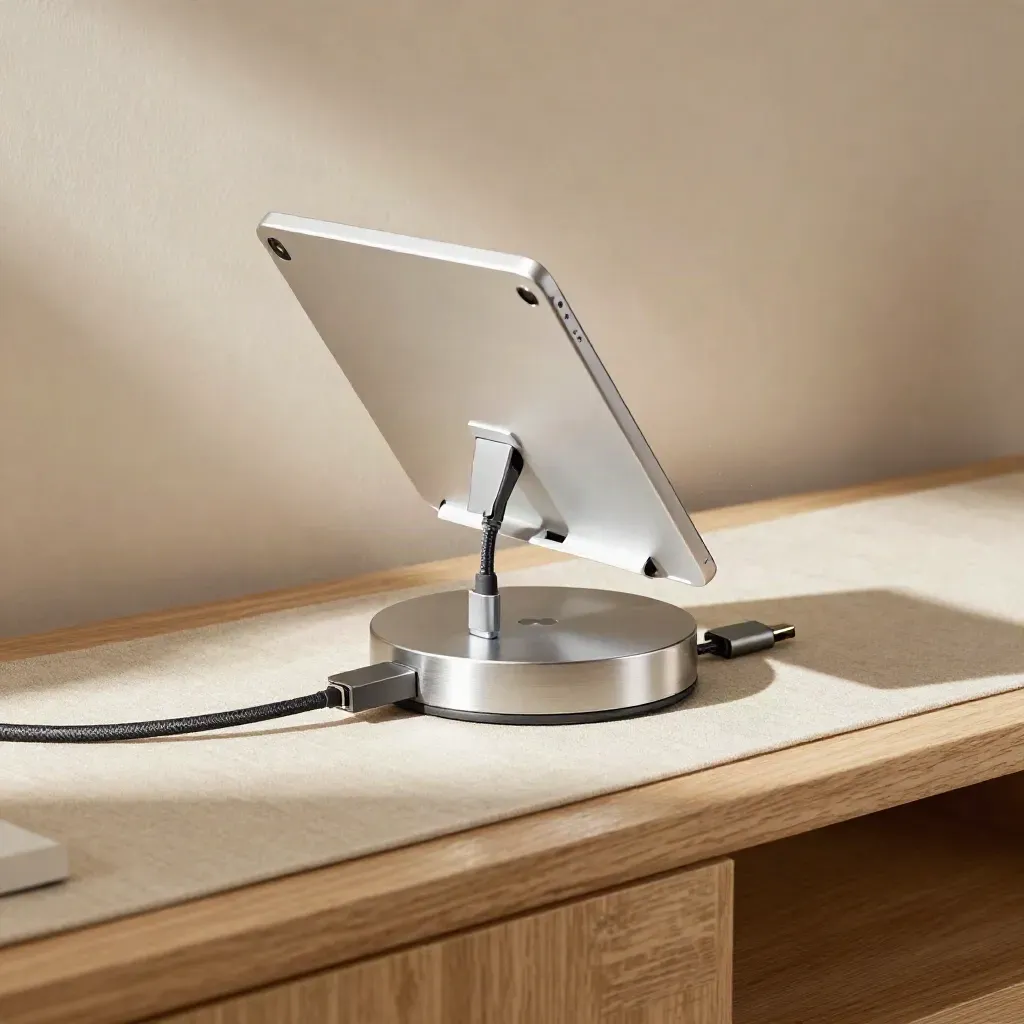 Modulaire webapp-opstelling met hub, dock en tabletstand in warm daglicht.