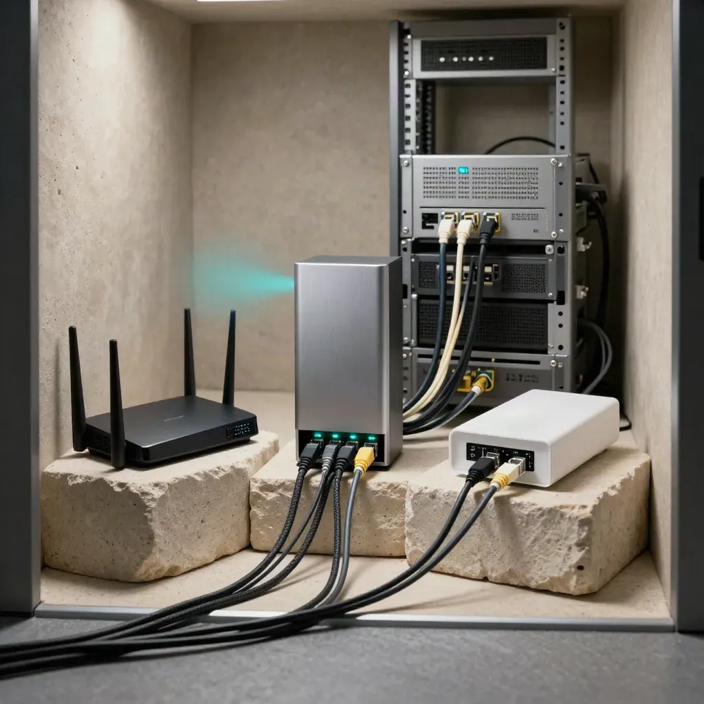 Drie bronapparaten zijn via kabels gekoppeld aan één hub in een stille serverruimte.