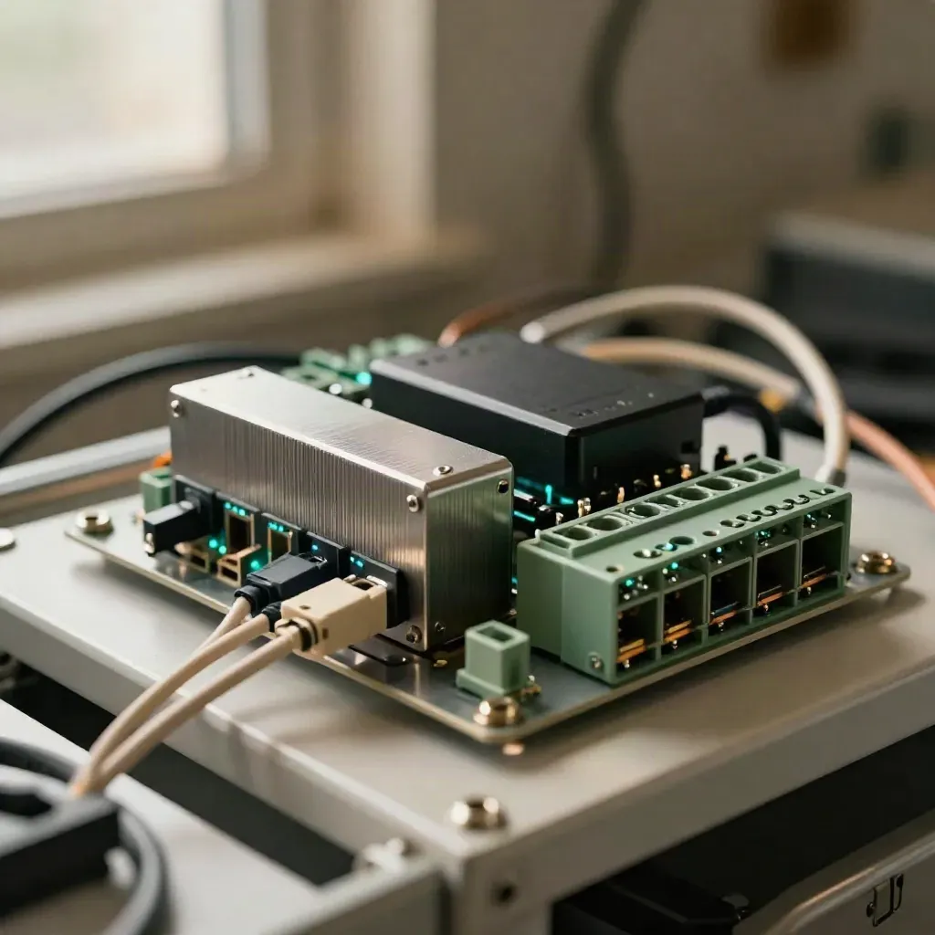 Automatiseringshardware met relay-unit, sensor en kabelboom in een technisch kabinet.