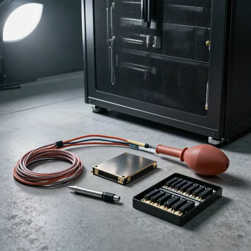 Onderhoudskit naast serverkast met kabels, SSD en gereedschap in een technische ruimte