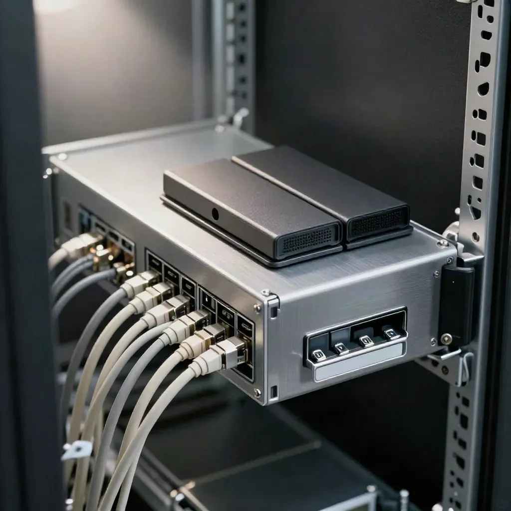 Extreme macro van een servernis met NAS, back-updrives en nette patchkabels.