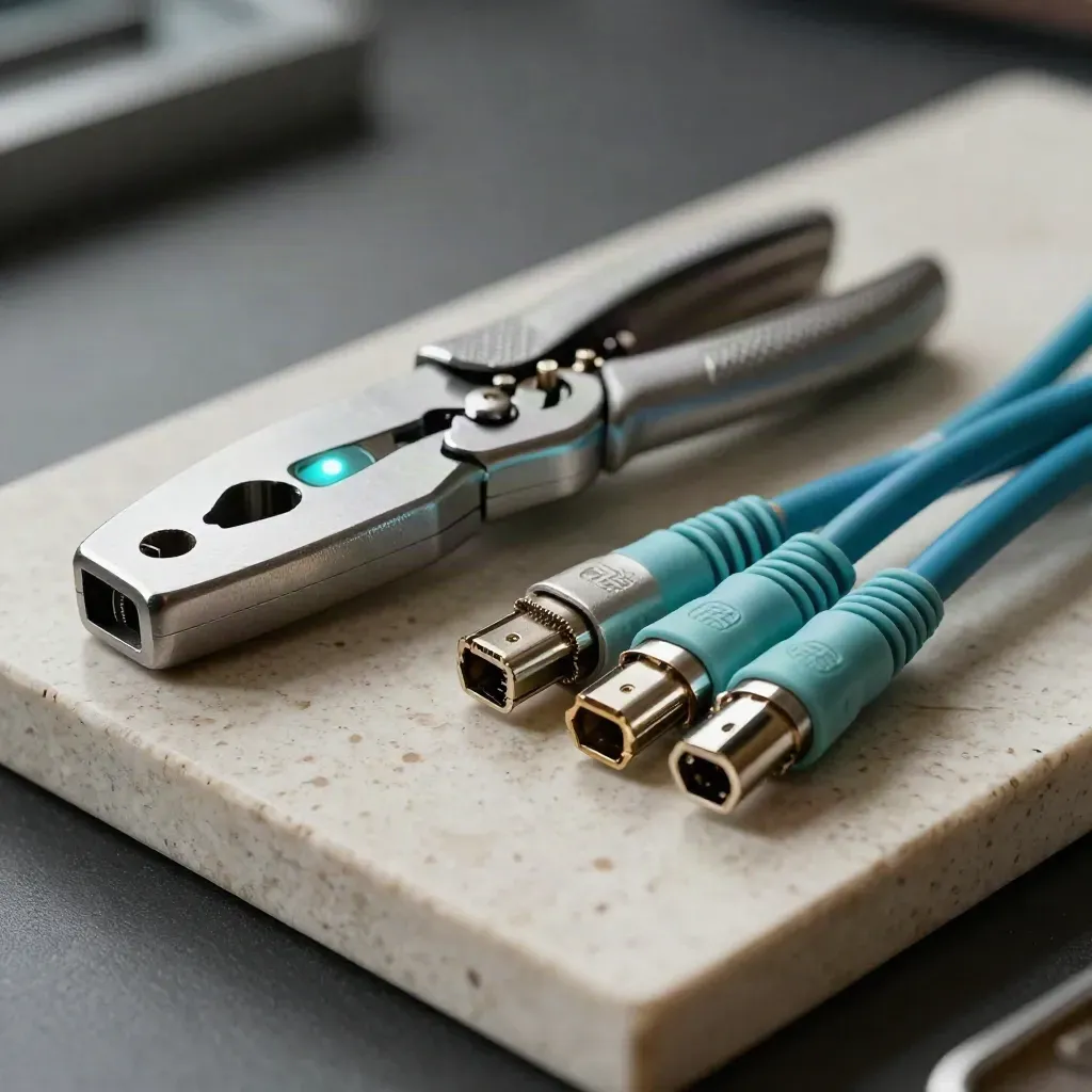 Extreme macro van fiber tester, crimp tool, SFP-modules en patchkabels op travertijn.