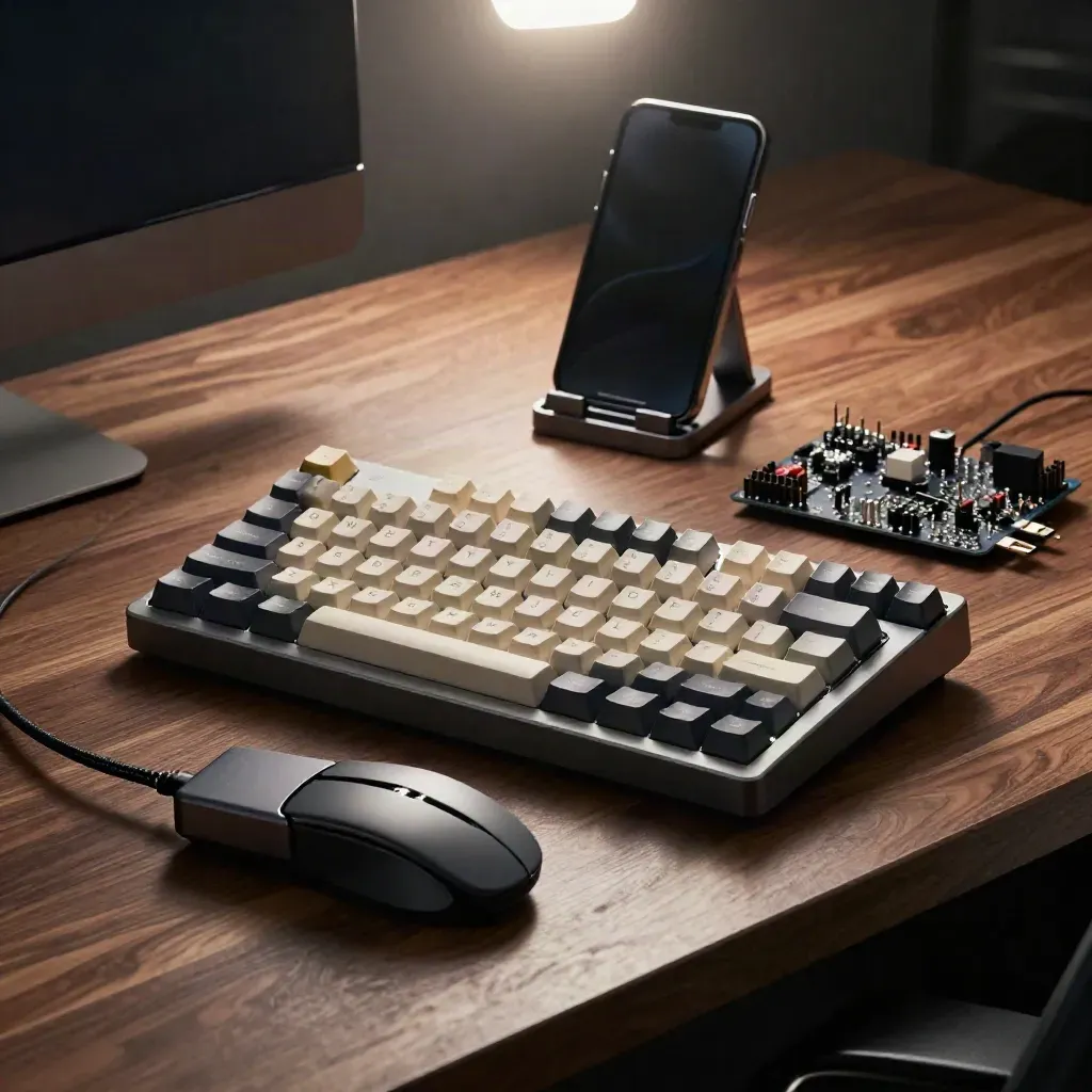 Werkset van een full-stack developer met toetsenbord, trackball, hub en prototype-board.