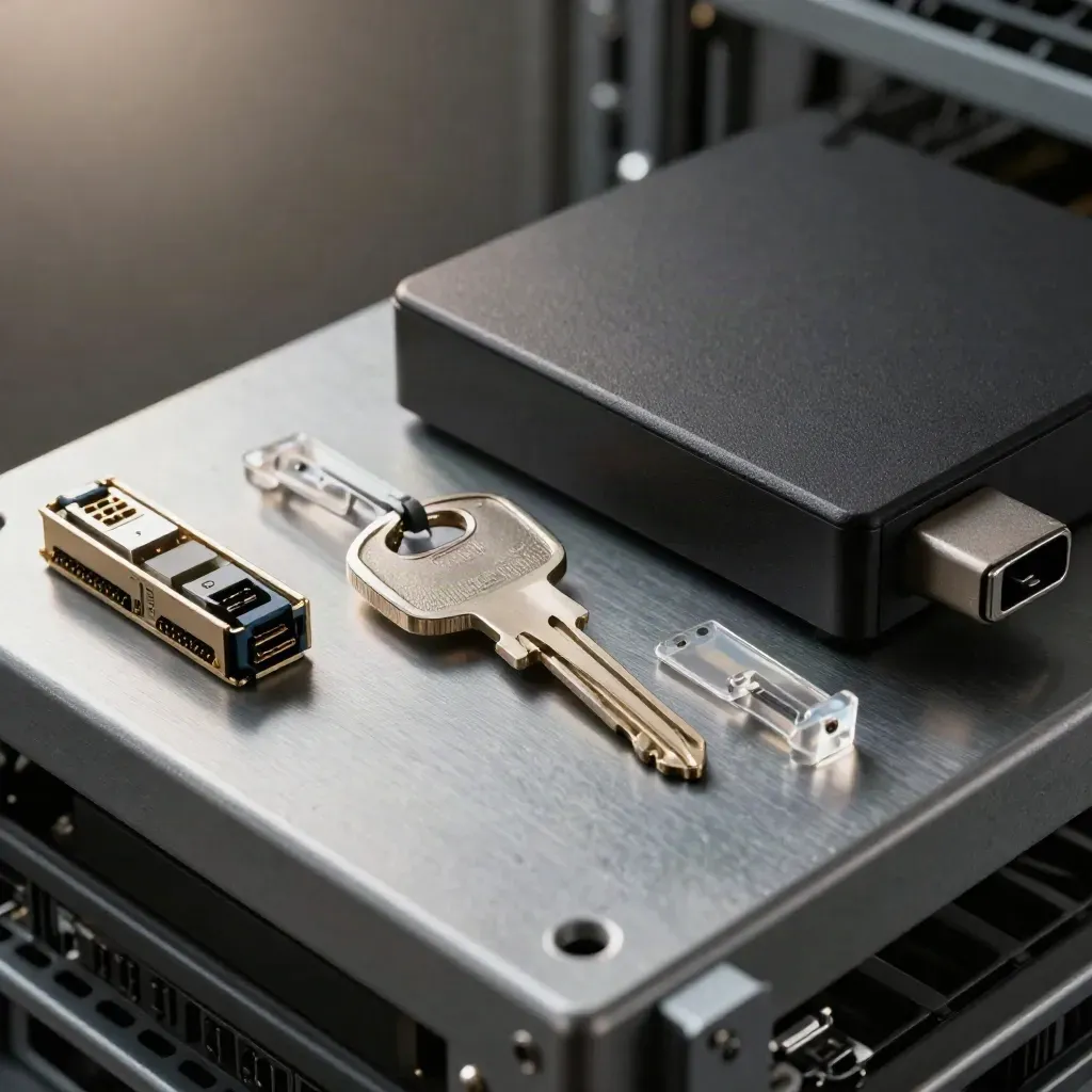 NAS-drive en serverkey met SFP-adapters op metalen rack, close-up in koel licht