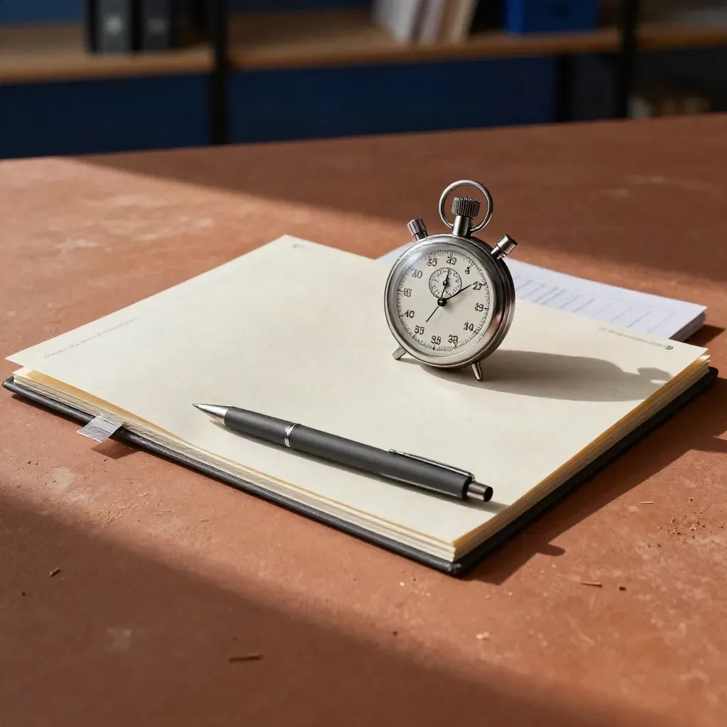 Planningtools op terracotta oppervlak: stopwatch, map, tabs en gekleurde tokens.