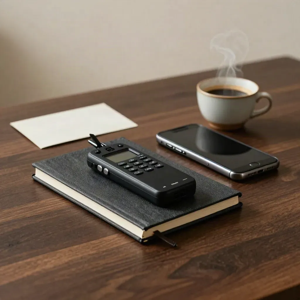 Kennismakingsset met recorder, gesloten notitieboek, telefoon en koffie op donkere houten tafel.