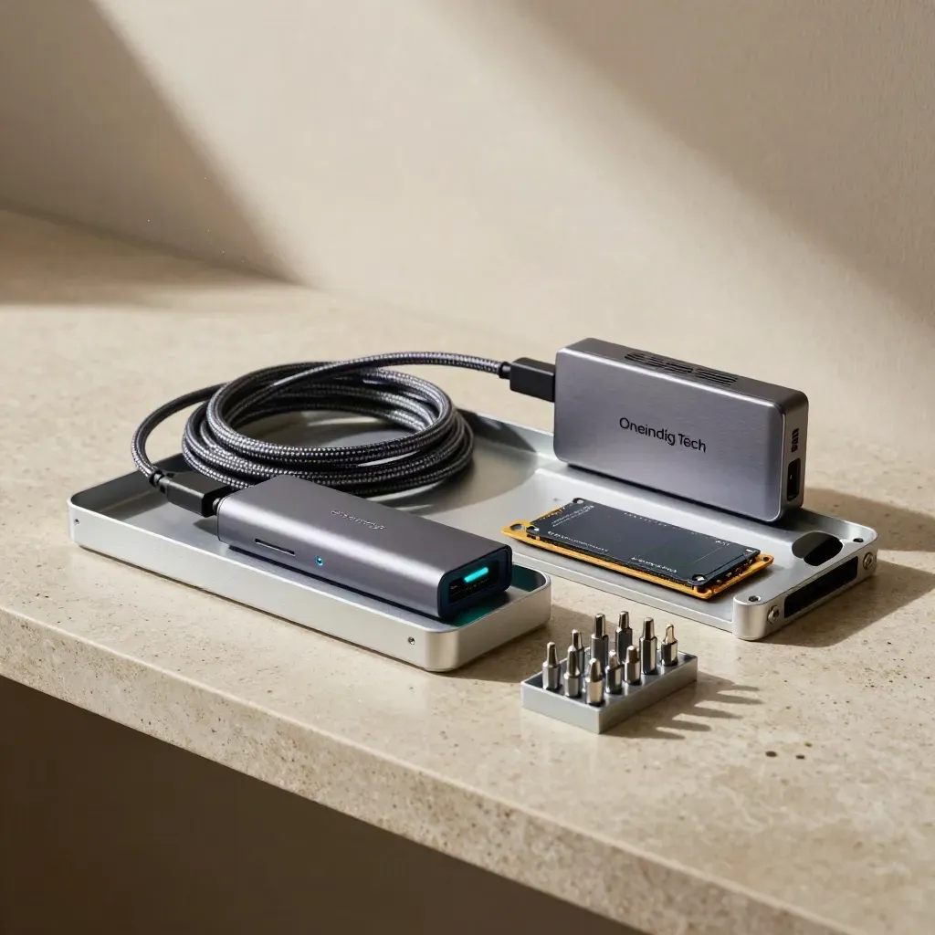 Open hardwarebak met kabel, USB-hub, SSD en toolkit op een lichte werkbank