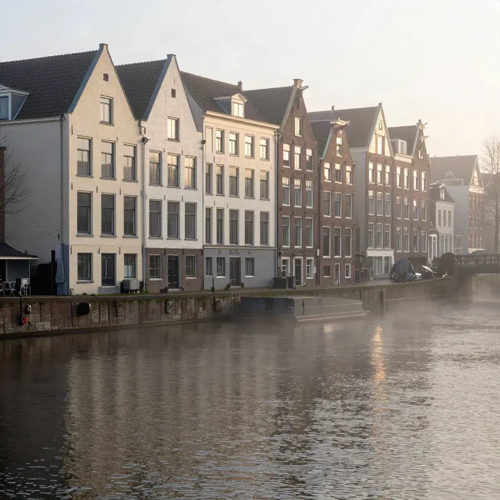 Mistige Amsterdamse gracht met lage gevels en rustige waterstrook in warm ochtendlicht.