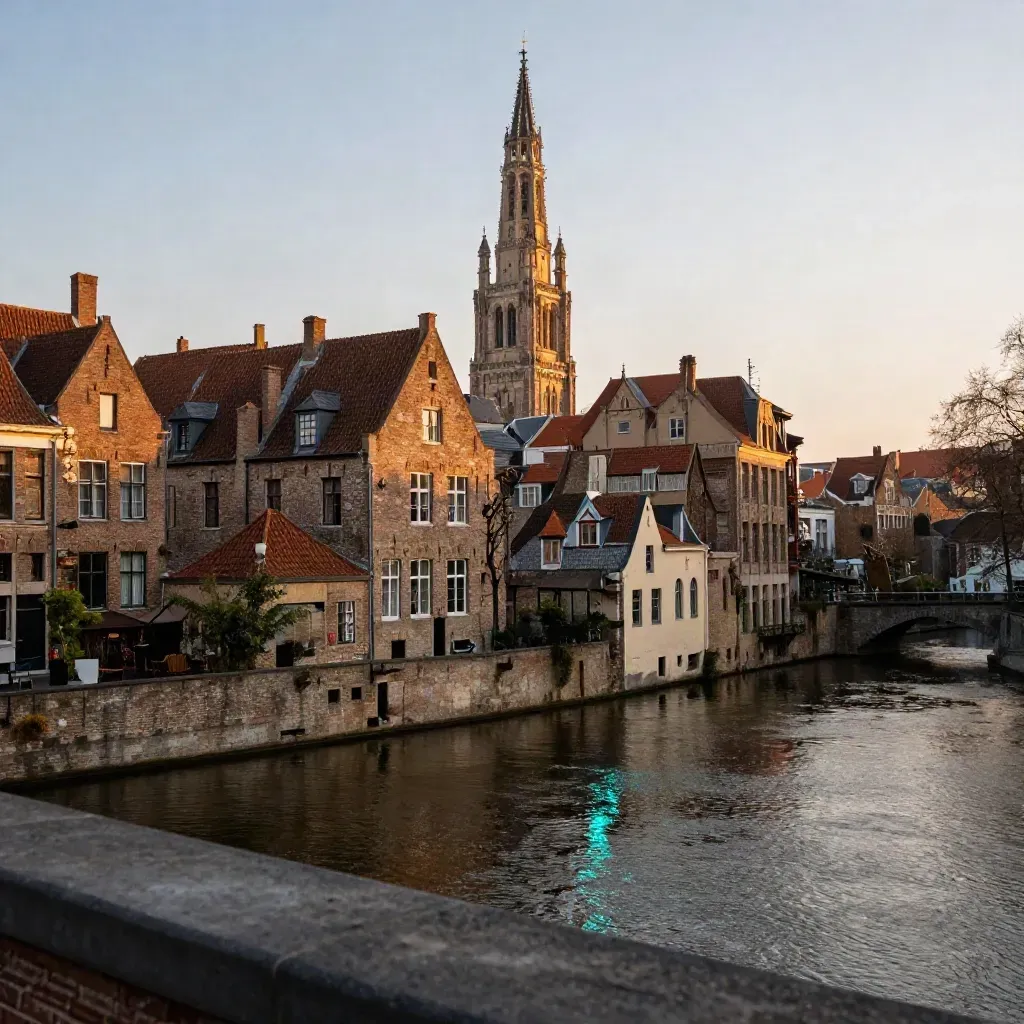 Utrecht met de Domtoren boven een stille gracht in warm avondlicht.