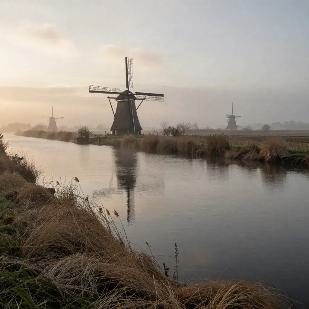 Mistige Kinderdijk met windmolens boven een stille watergang in Zuid-Holland.